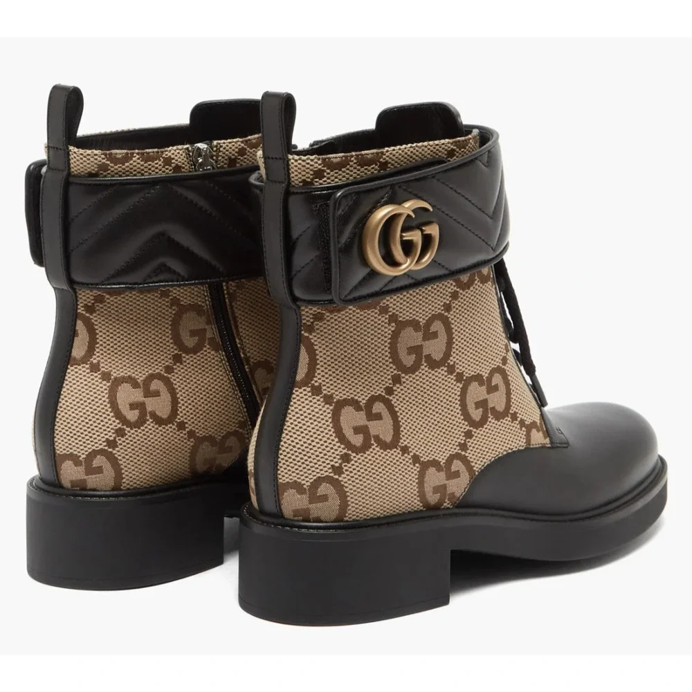 Gucci Marmont Black Leather Beige GG Coated Canvas Logo Print Combat Boots 38